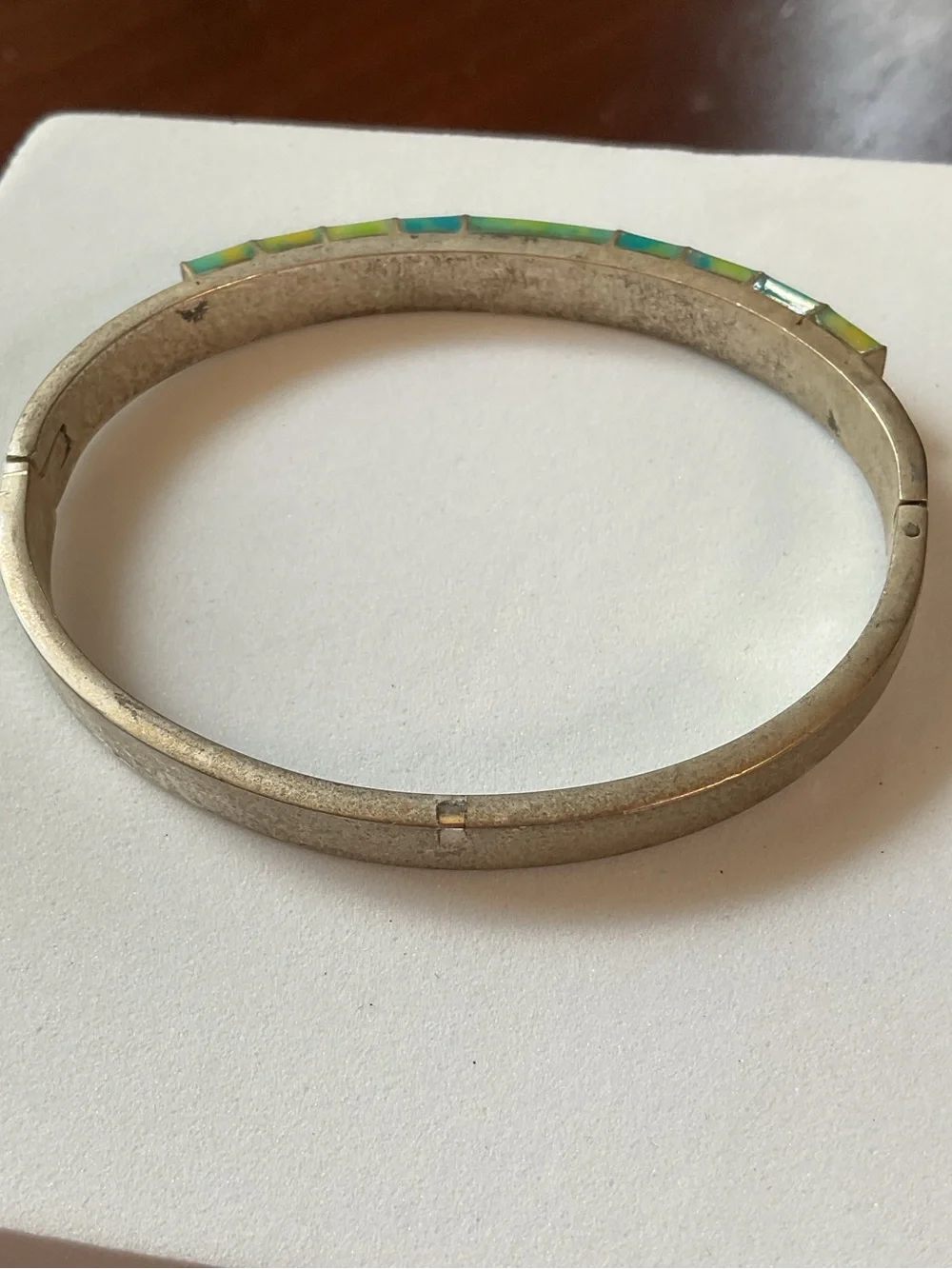 Vintage Mexico Acrylic Blue Green Inlay Silver Tone Bangle Bracelet